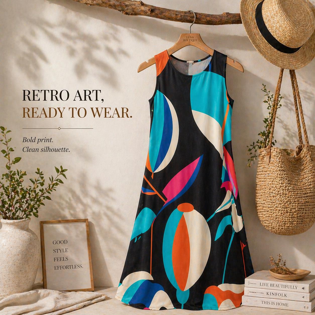 Retro Abstract A-Line Midi Dress | Wearable Art Wedding Guest Dress