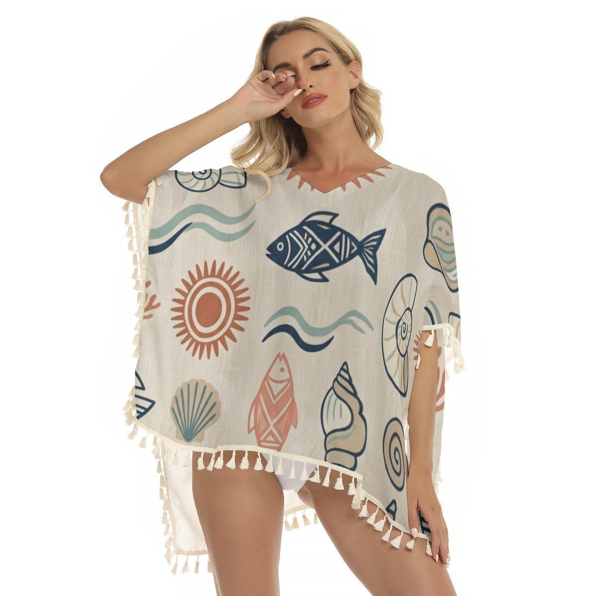 Mediterranean Fish Poncho Kaftan | Seashell Tassel Cover-Up