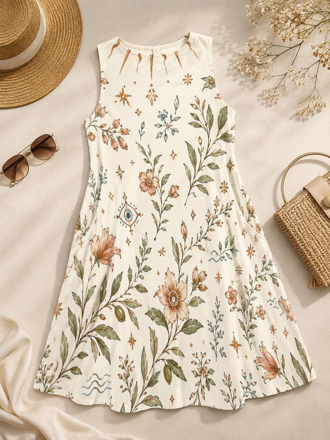 Mediterranean Evil Eye Dress | Floral Coastal A-Line Pocket Dress