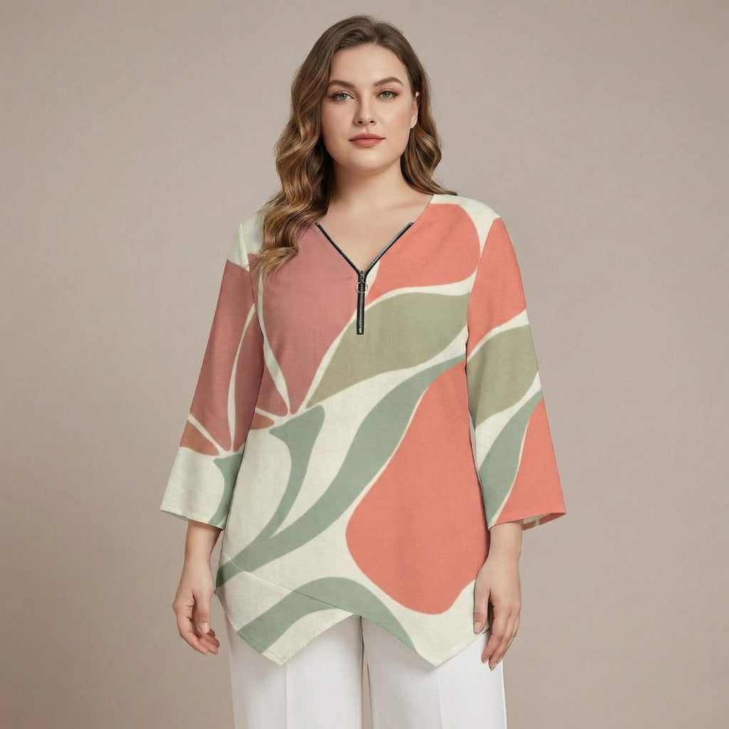Abstract Leaf Zipper Blouse | V-Neck Linen-Look Tunic