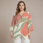 Abstract Leaf Zipper Blouse | V-Neck Linen-Look Tunic