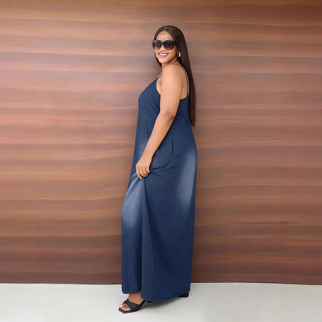 Cotton Denim Strap Maxi Dress with Pockets