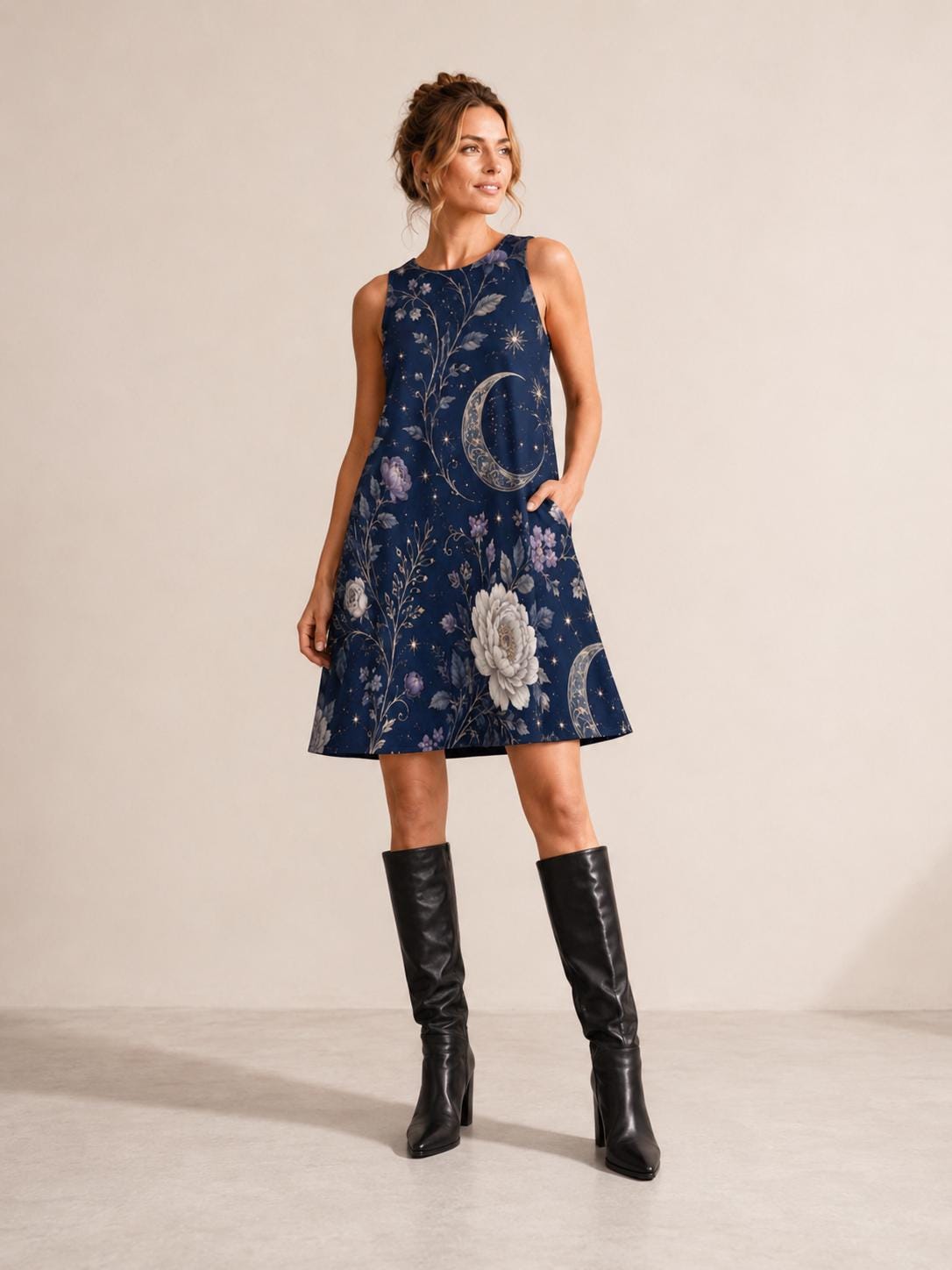 Celestial Moon A-Line Dress | Navy Floral Mystic Pocket Dress