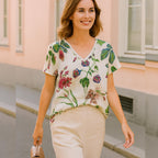 Boho Floral V-Neck Blouse | Lightweight Leaf Print Summer Top