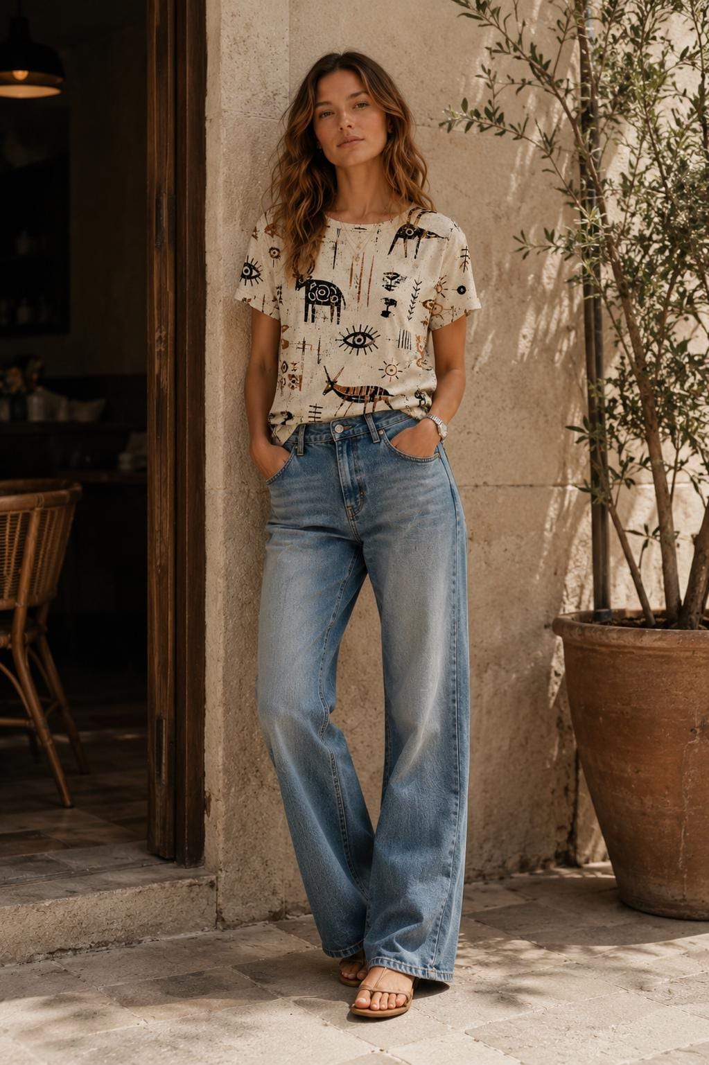 Oversized Folk Art Cotton T-Shirt | Scandinavian Boho Graphic Tee