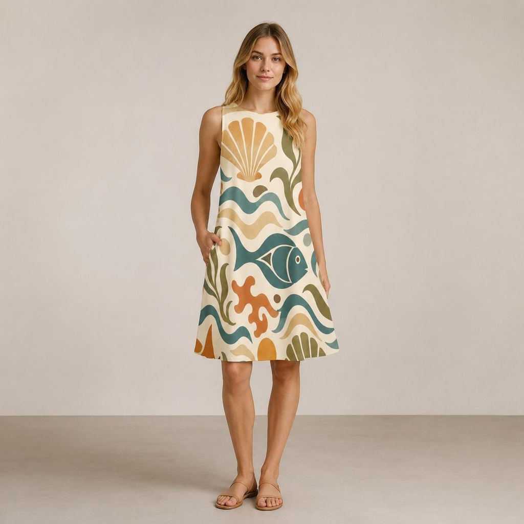 Mediterranean Fish A-Line Dress | Coastal Resort Pocket Dress