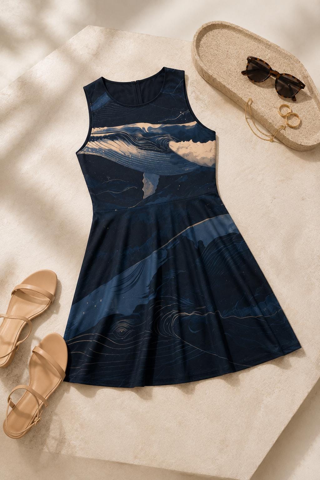 Midnight Whale Mini Dress | Coastal Ocean Art Skater Dress