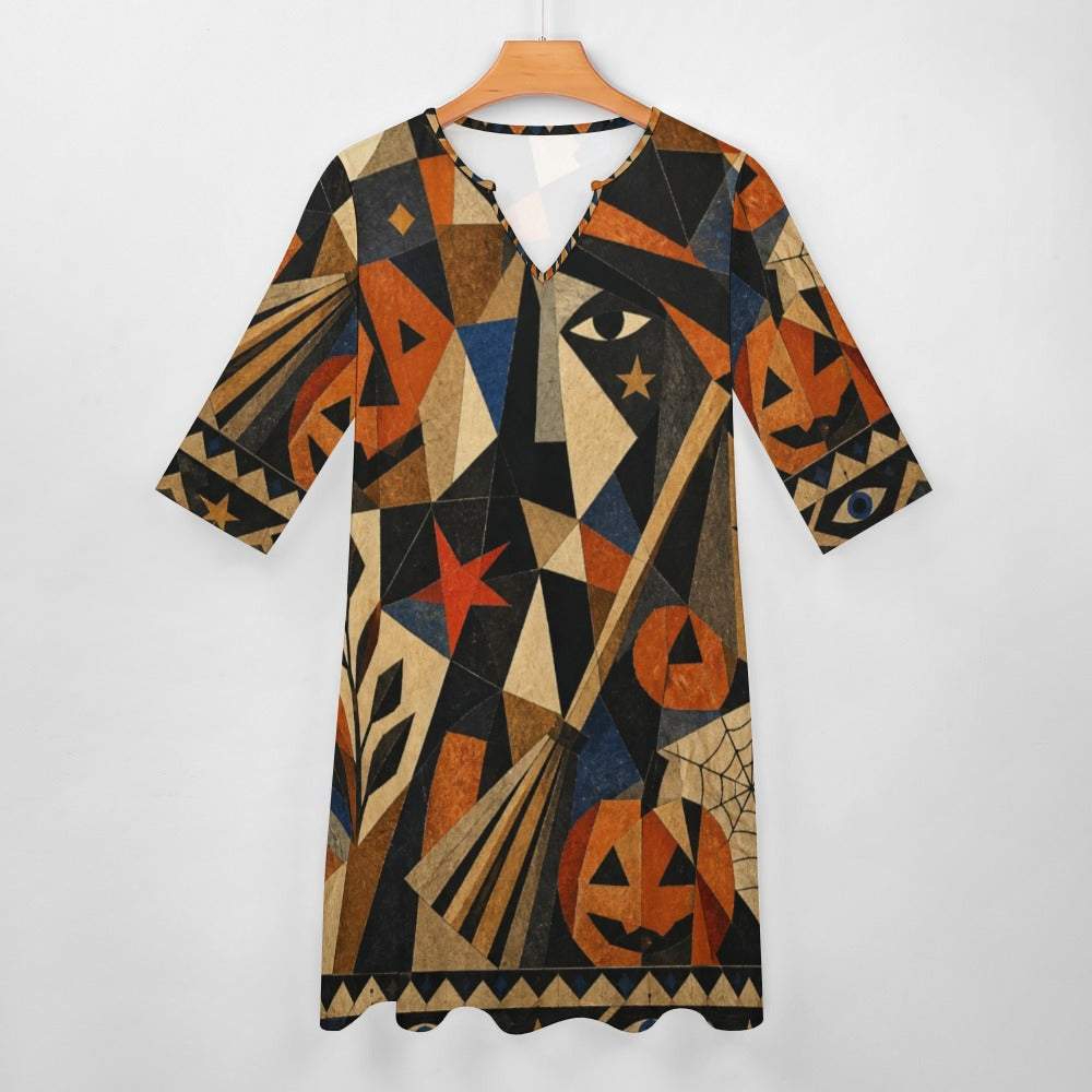 Witchy Geometric 3/4 Sleeve Midi Dress | Orange Black