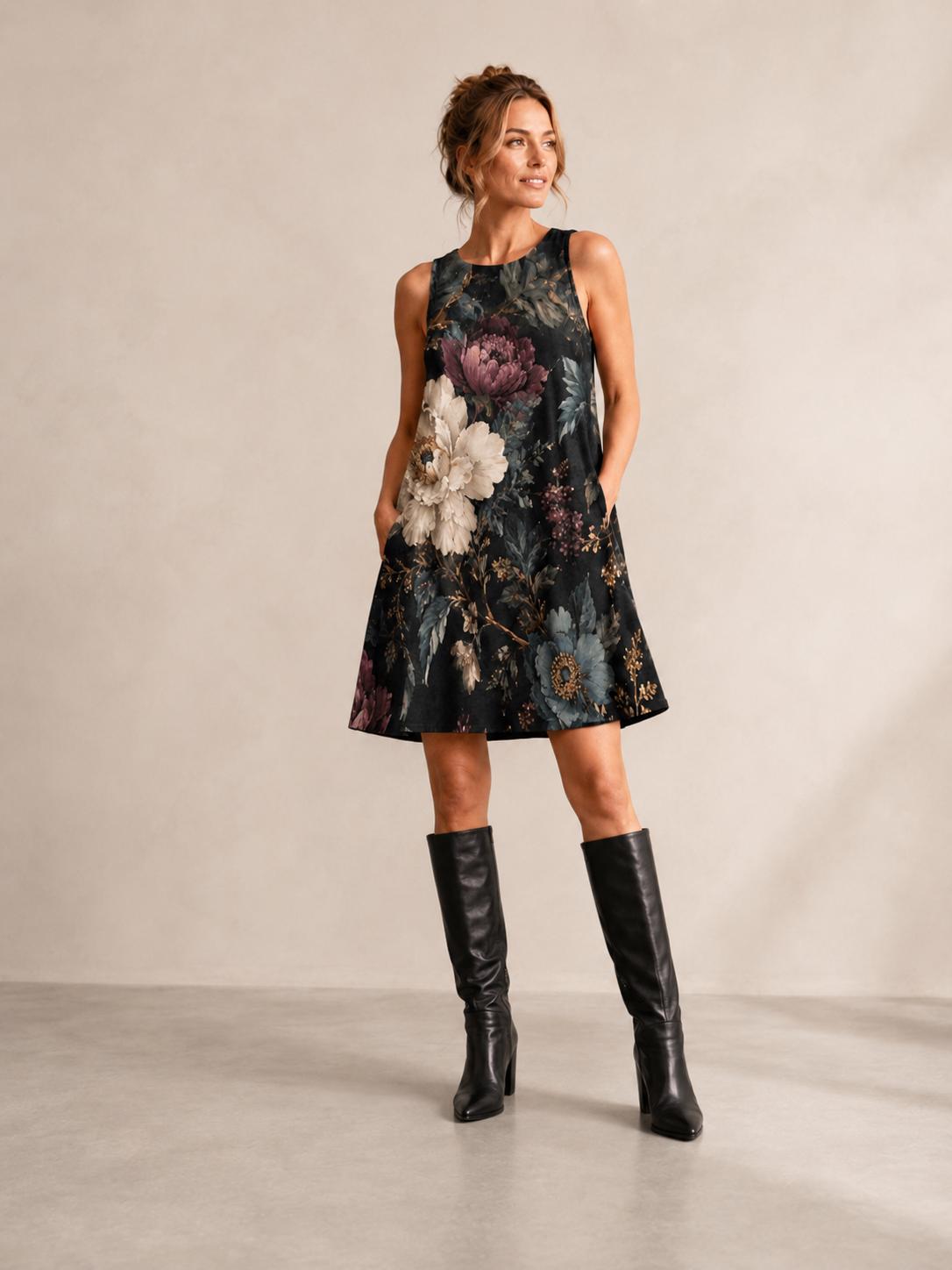 Dark Botanical A-Line Dress | Gothic Floral Pocket Mini Dress