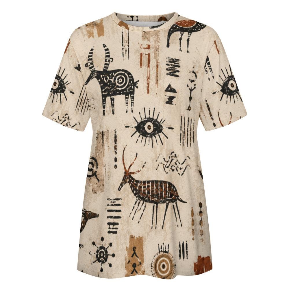 Oversized Folk Art Cotton T-Shirt | Scandinavian Boho Graphic Tee