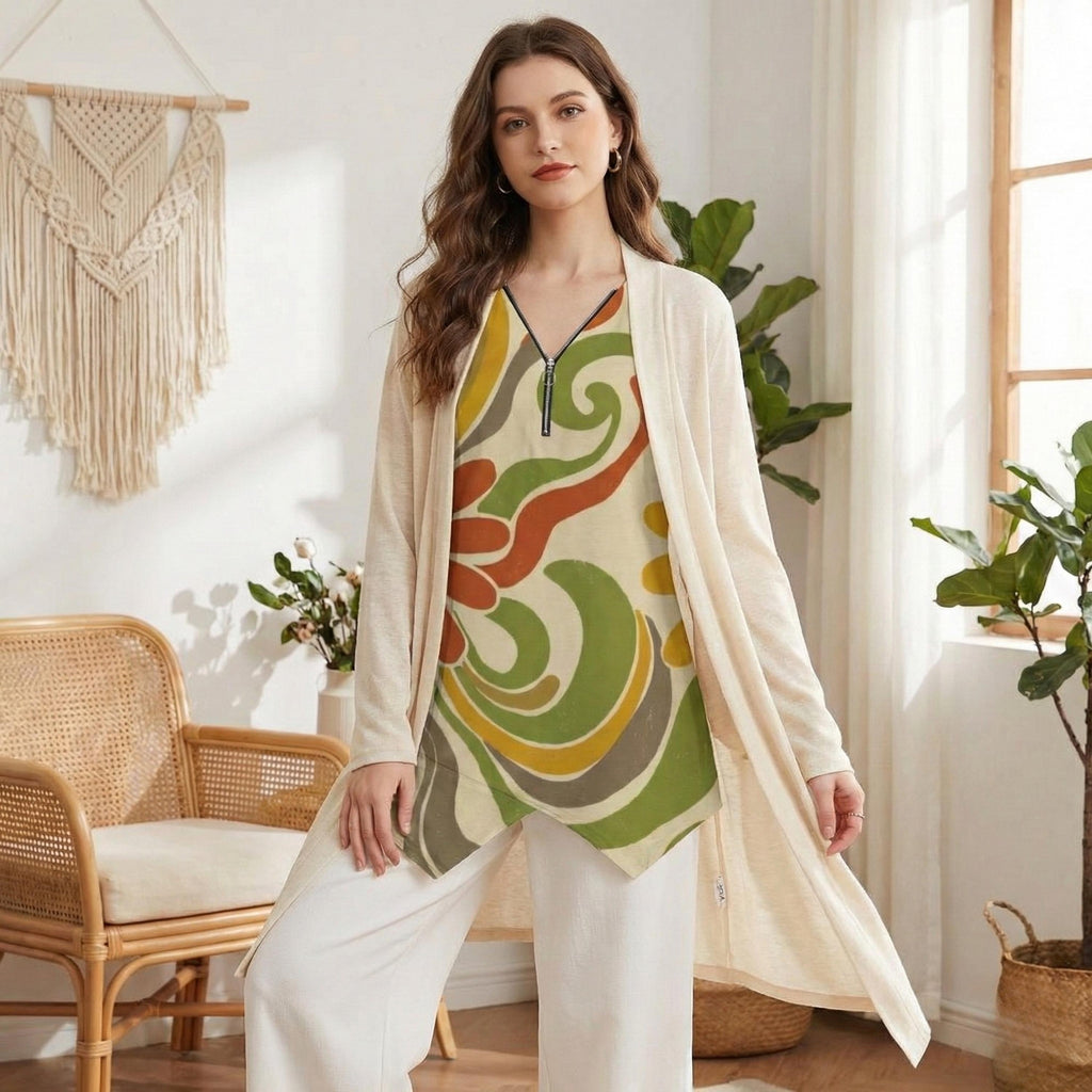 Abstract Floral V-Neck Tunic | Boho Zipper Travel Top