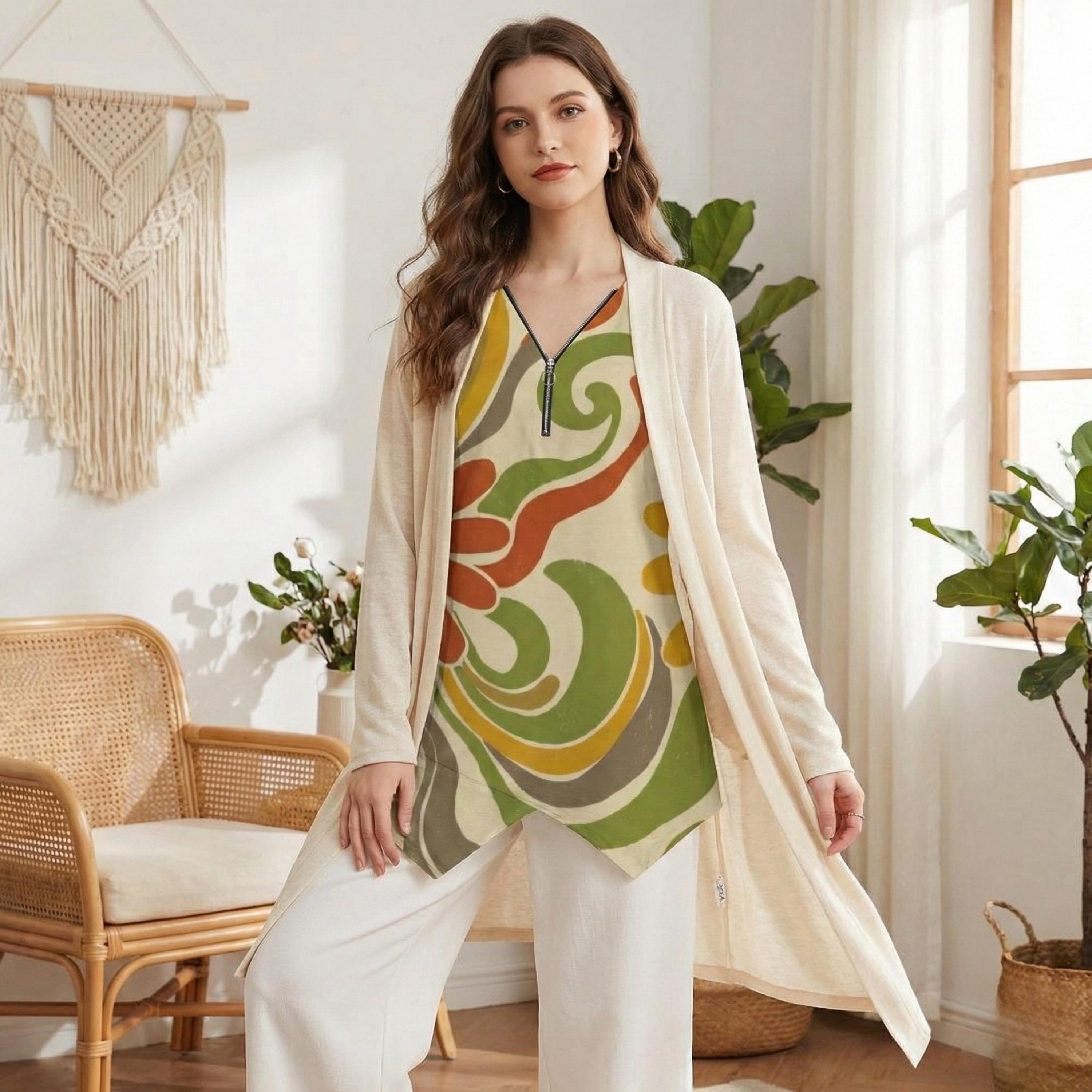 Abstract Floral V-Neck Tunic | Boho Zipper Travel Top