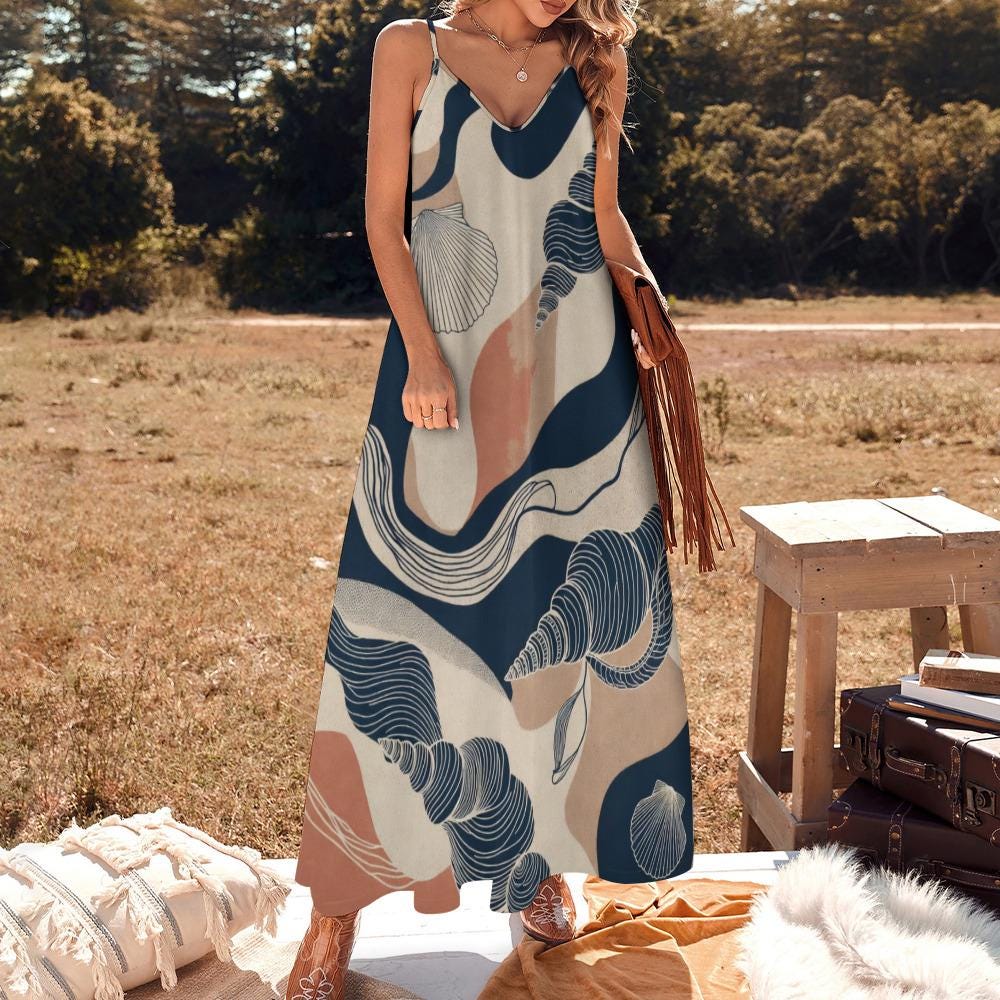 Coastal Shell Print Maxi Dress | Sleeveless Resort Vacation Dress