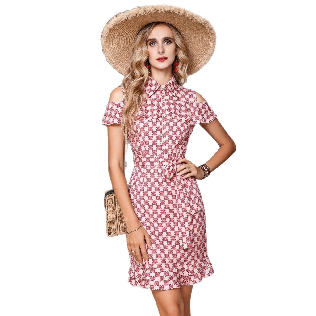 Pink Floral Short-Sleeve A-Line Midi Dress