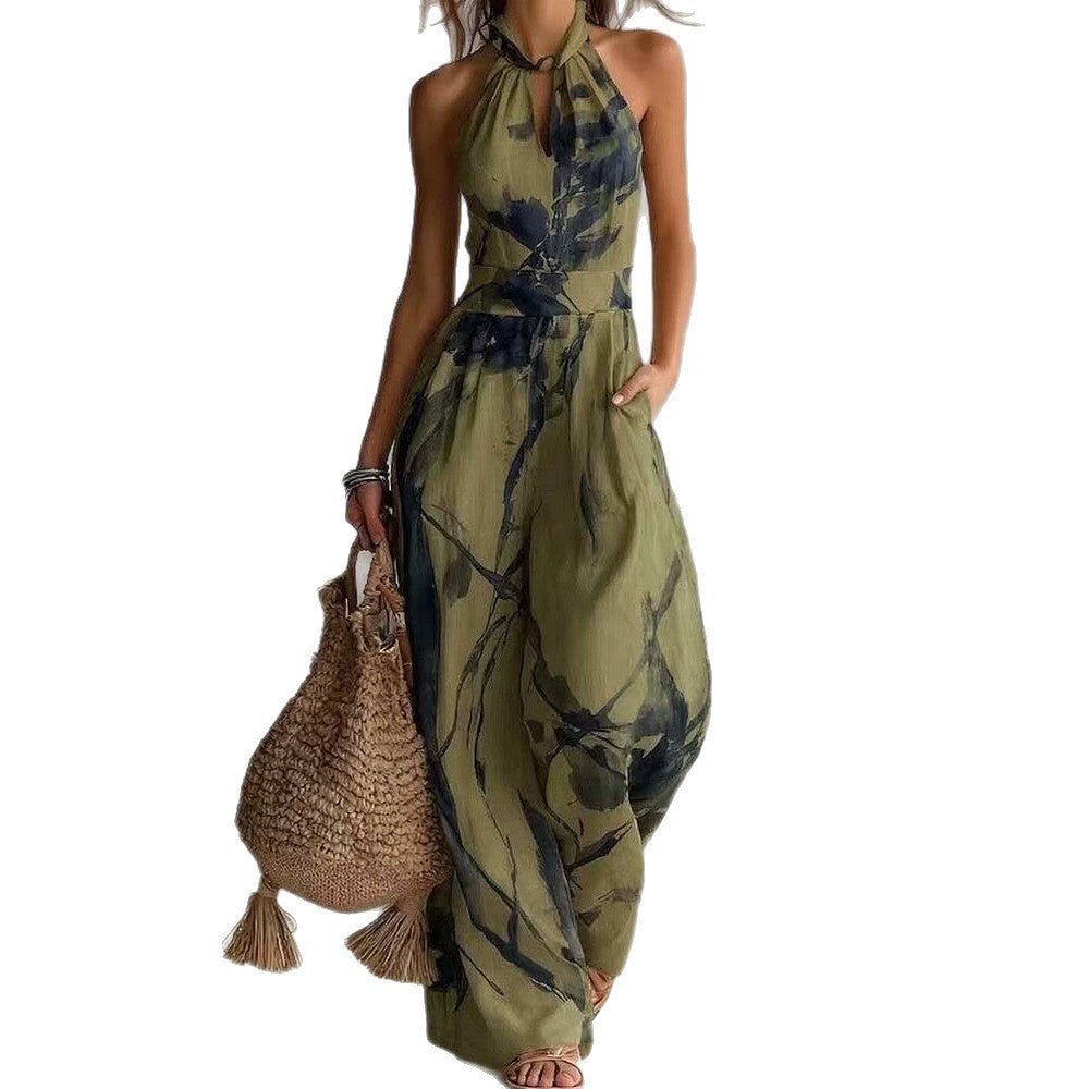 Printed Sleeveless Wide-Leg Resort Jumpsuit