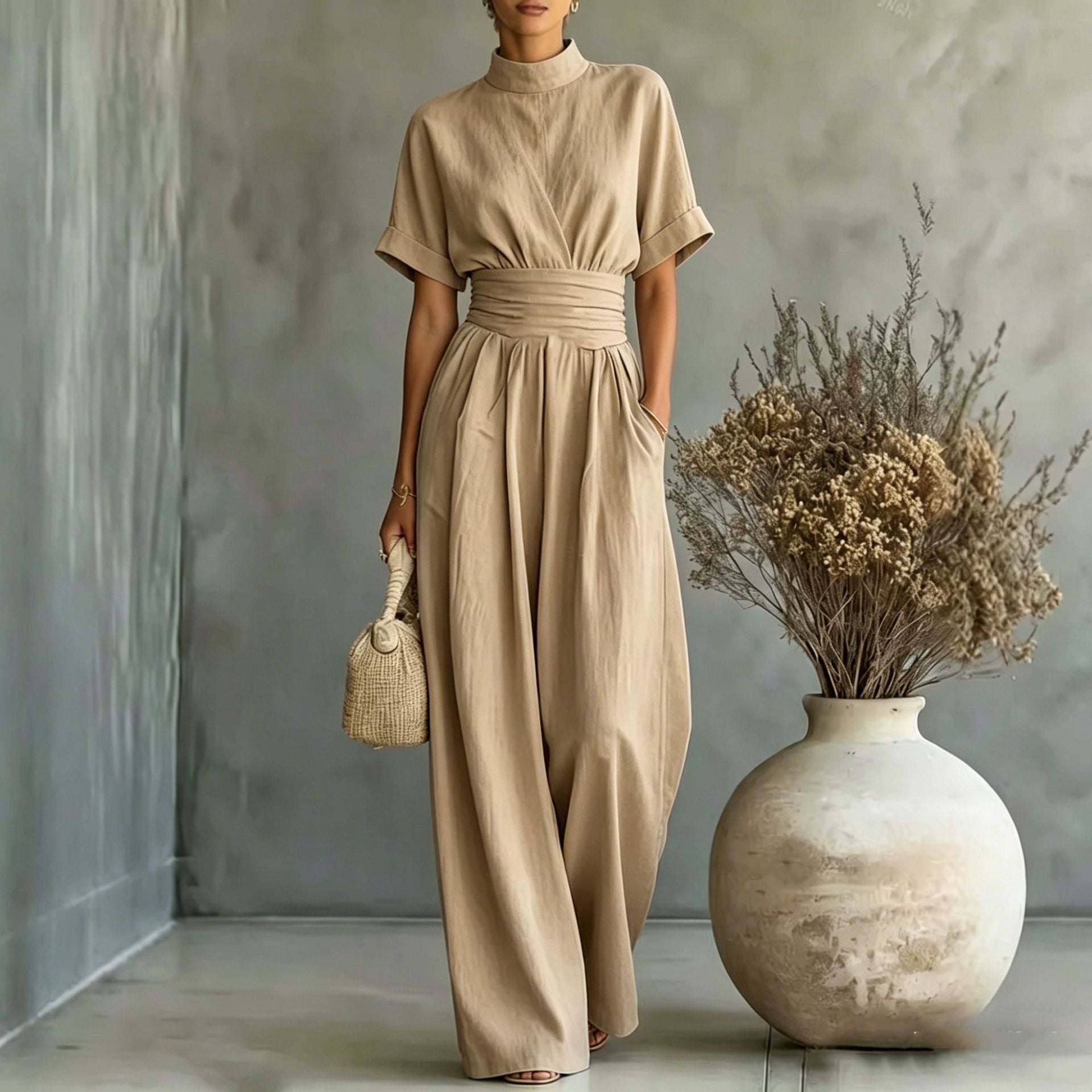 Sorrento High-Neck Wide-Leg Jumpsuit – Short-Sleeve One-Piece