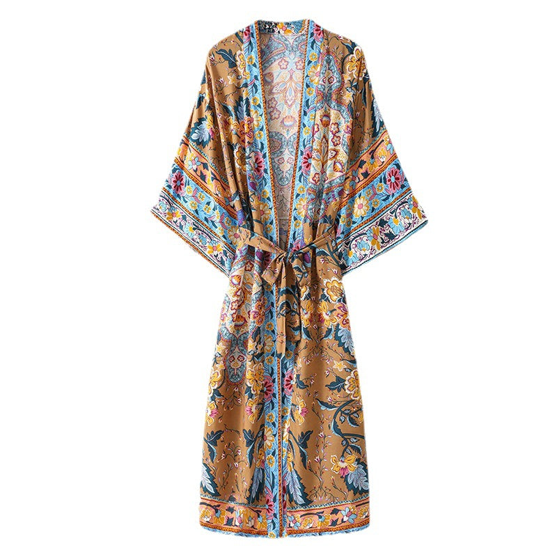 Women's printed cotton kimono cardigan in orange or green