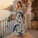 Mediterranean Whale Maxi Dress | Blue White Greek Island Dress