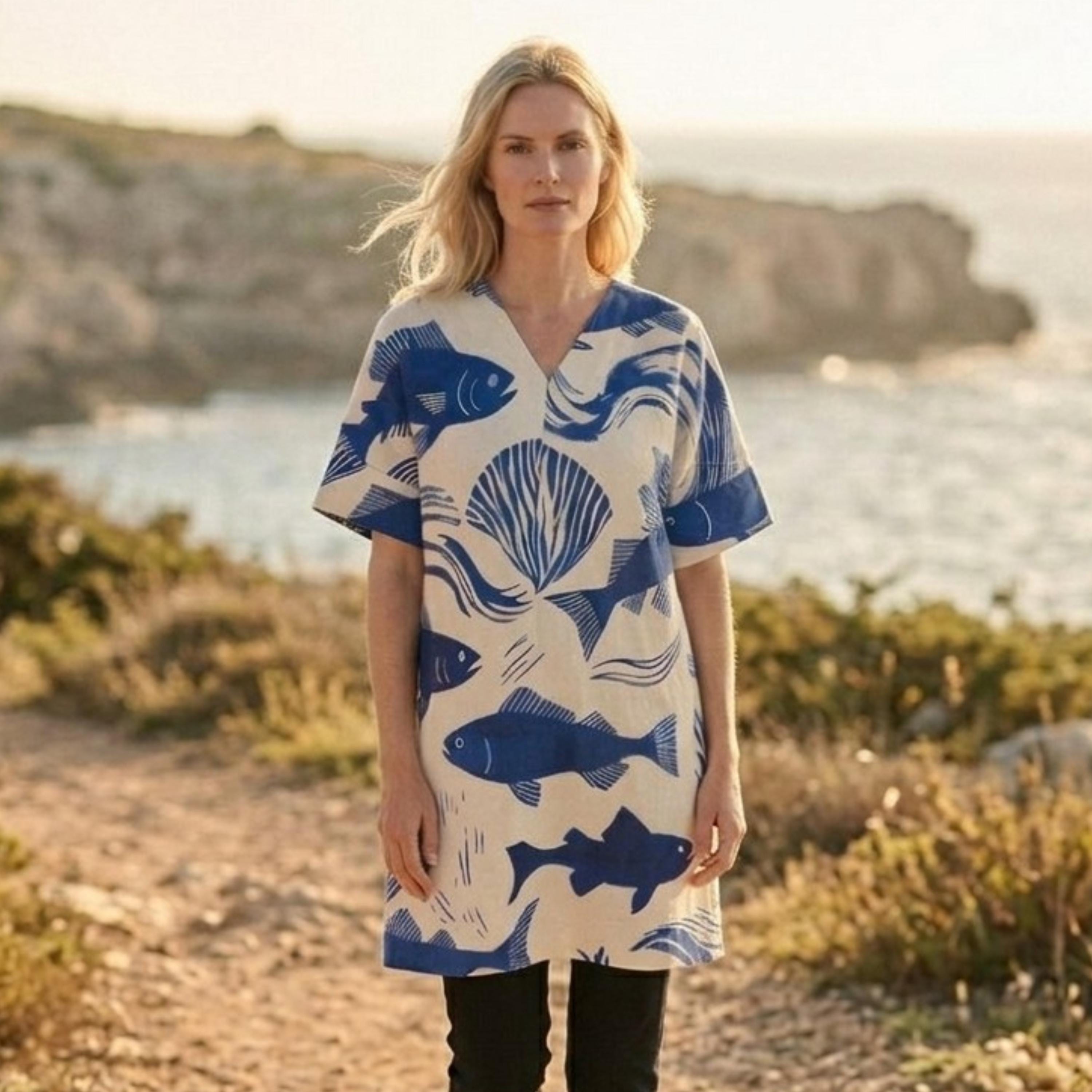 Coastal Fish Print Tunic Dress | Relaxed V-Neck Beach Dress