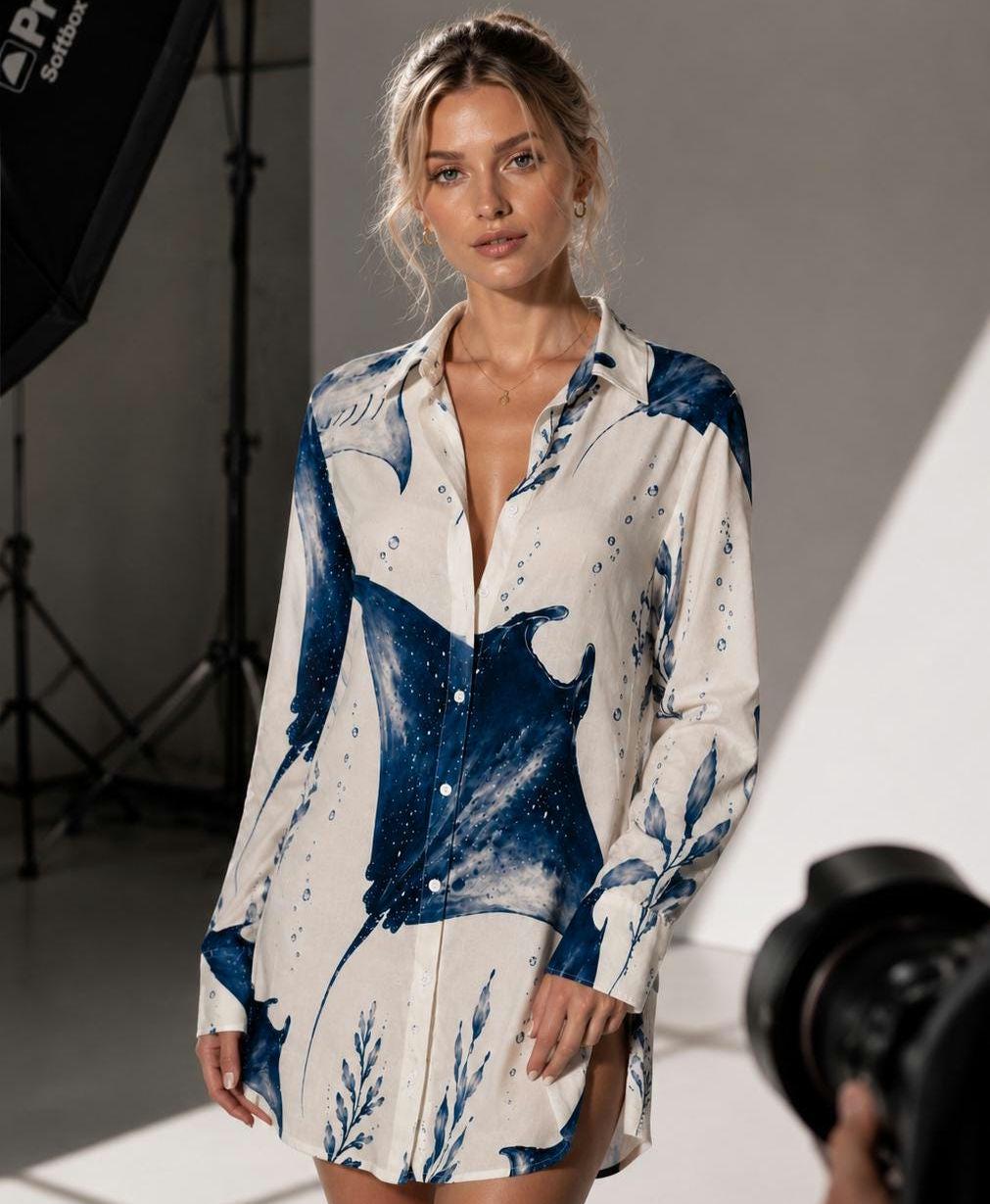 Manta Ray Mini Shirt Dress | Coastal Resort Vacation Dress