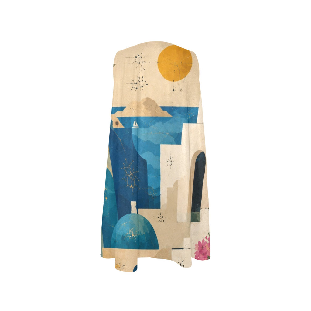 Mediterranean Landscape A-Line Mini Dress with Pockets, Greek Island Art Print
