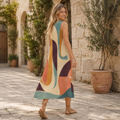 60s Color Block Cotton Midi Dress | Mod A-Line Pocket Dress