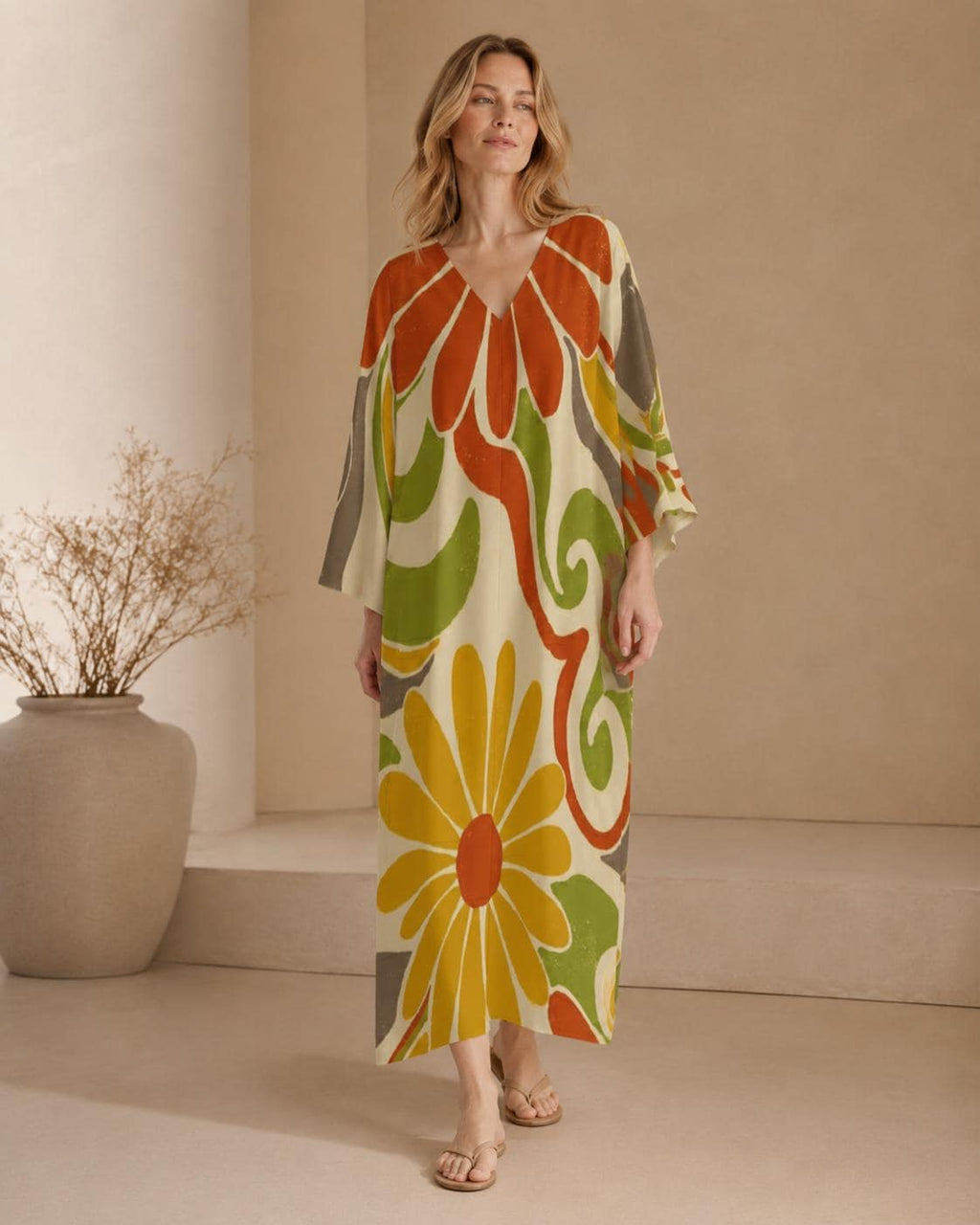 Retro Floral Kaftan Dress | 70s Boho Resort Maxi Dress