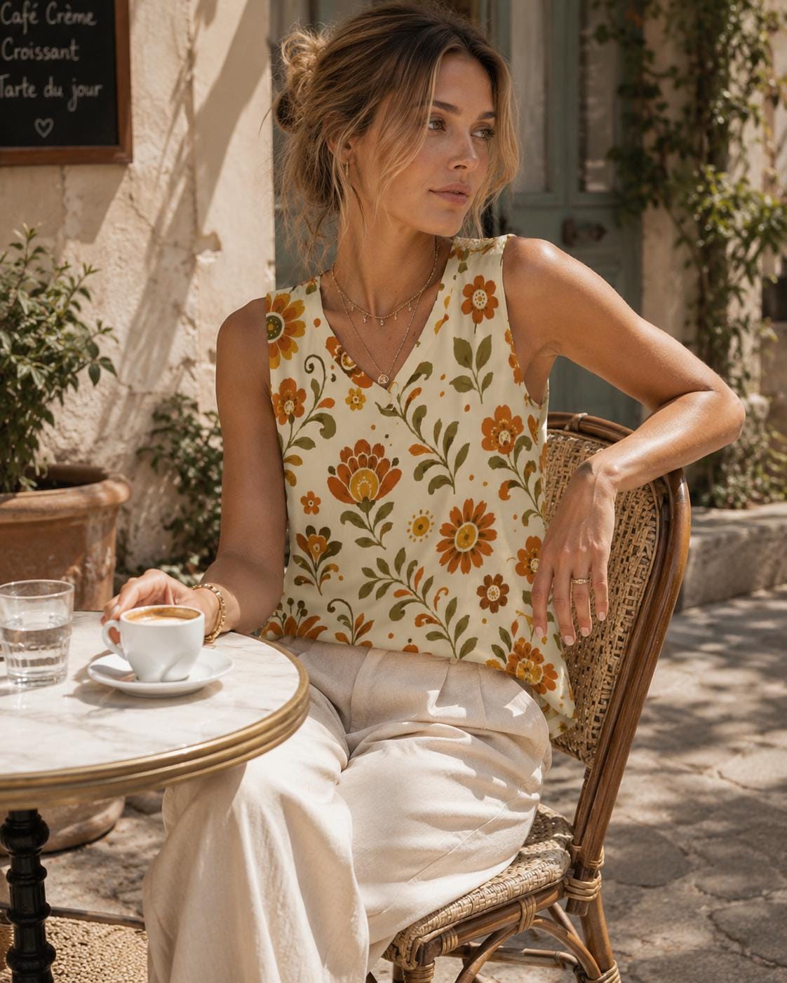 Retro Floral V-Neck Tank Top | 70s Boho Summer Blouse