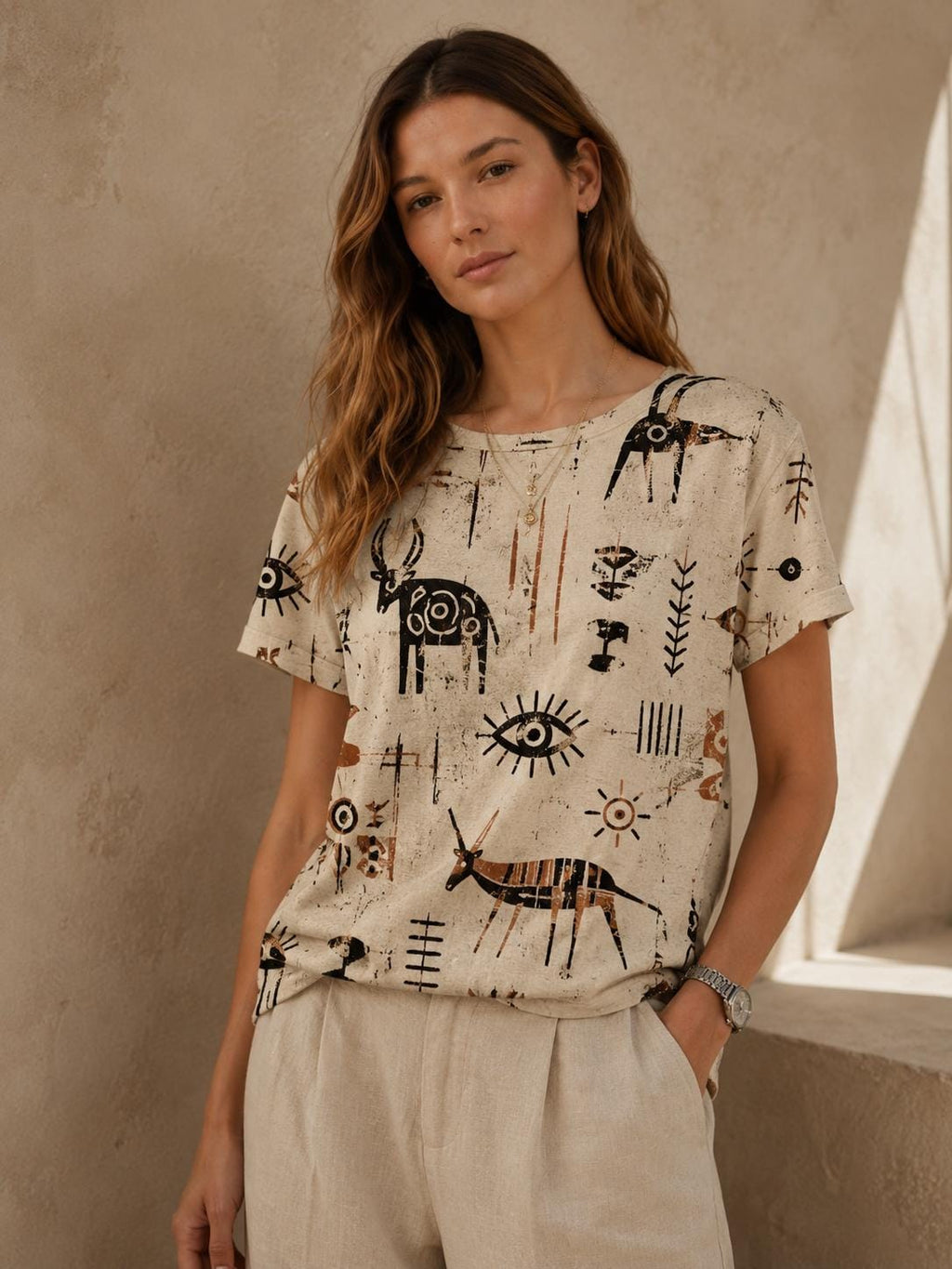 Oversized Folk Art Cotton T-Shirt | Scandinavian Boho Graphic Tee