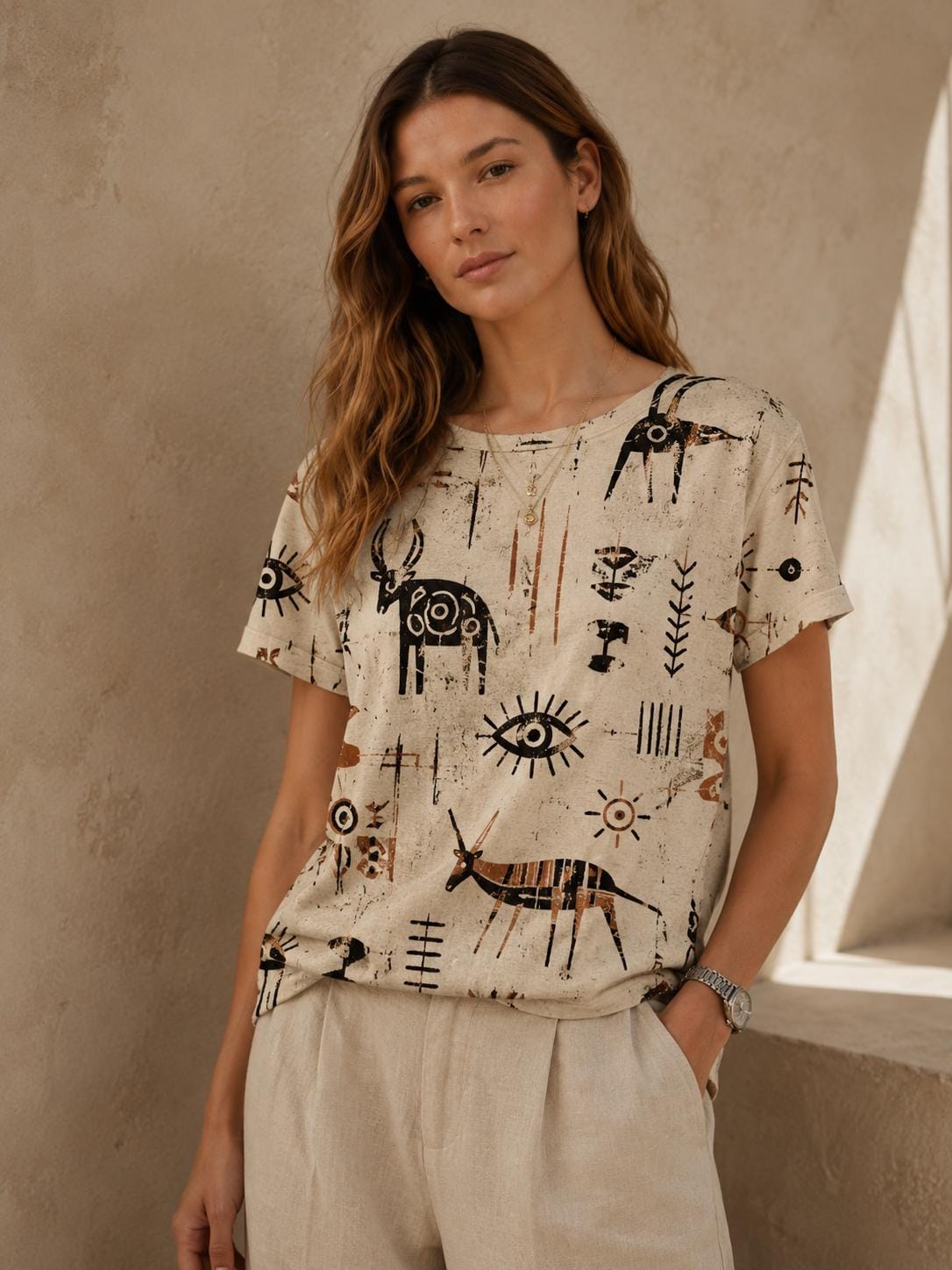 Oversized Folk Art Cotton T-Shirt | Scandinavian Boho Graphic Tee