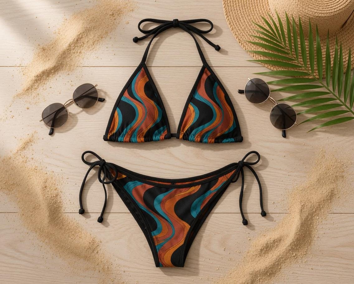Retro Wave Bikini Set | Contrast Trim Triangle Swimsuit