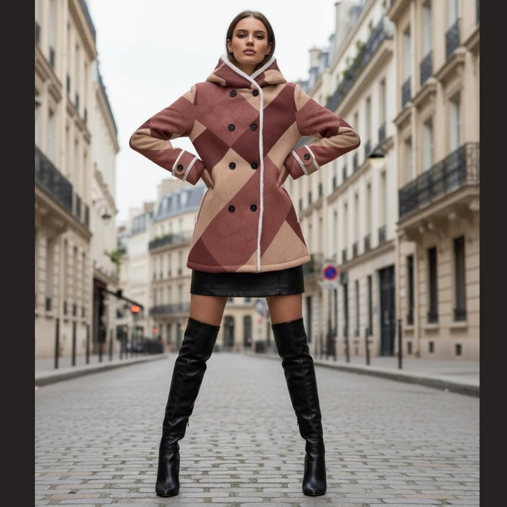 Burgundy Geometric Winter Coat | Fleece-Lined Quiet Luxury Jacket