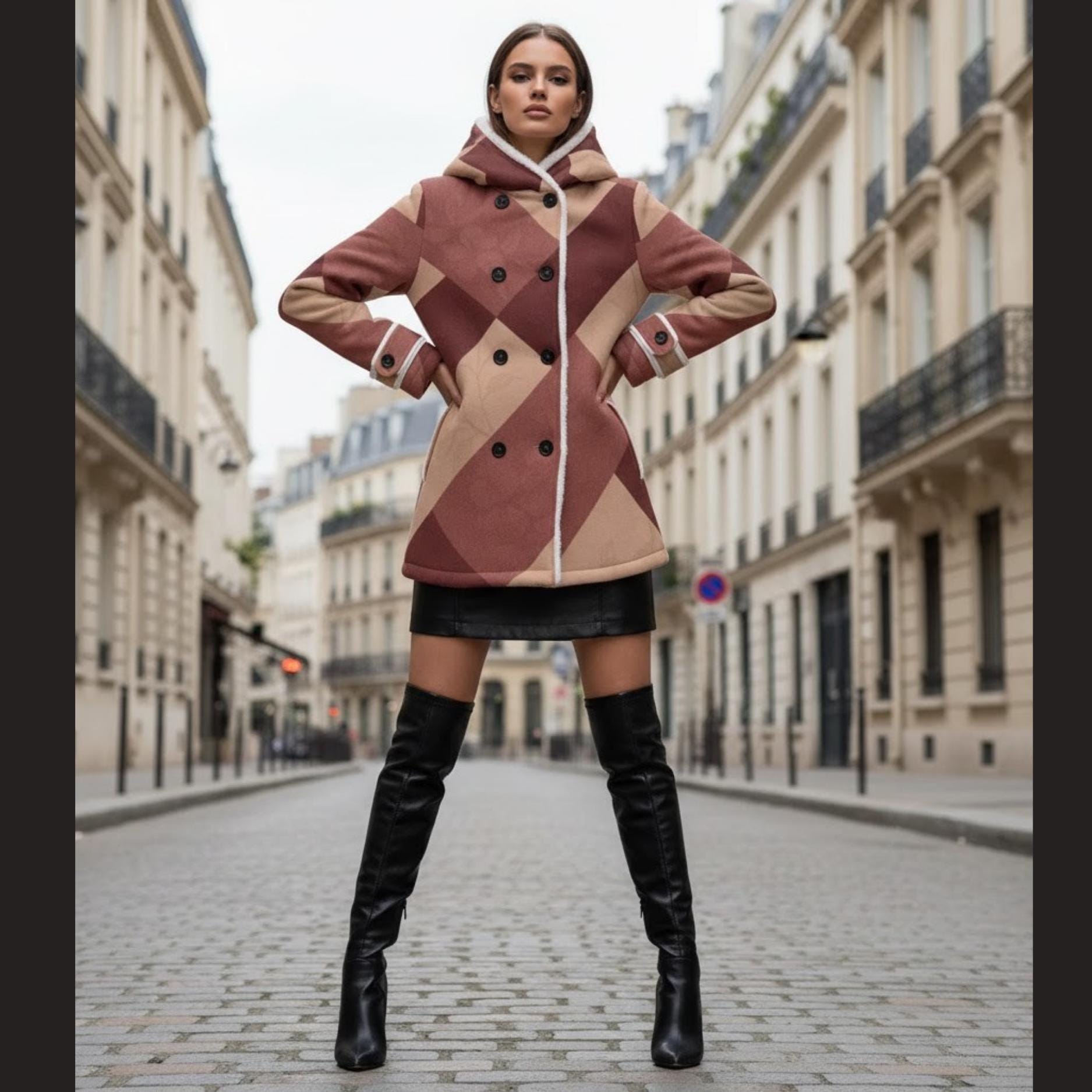 Burgundy Geometric Winter Coat | Fleece-Lined Quiet Luxury Jacket