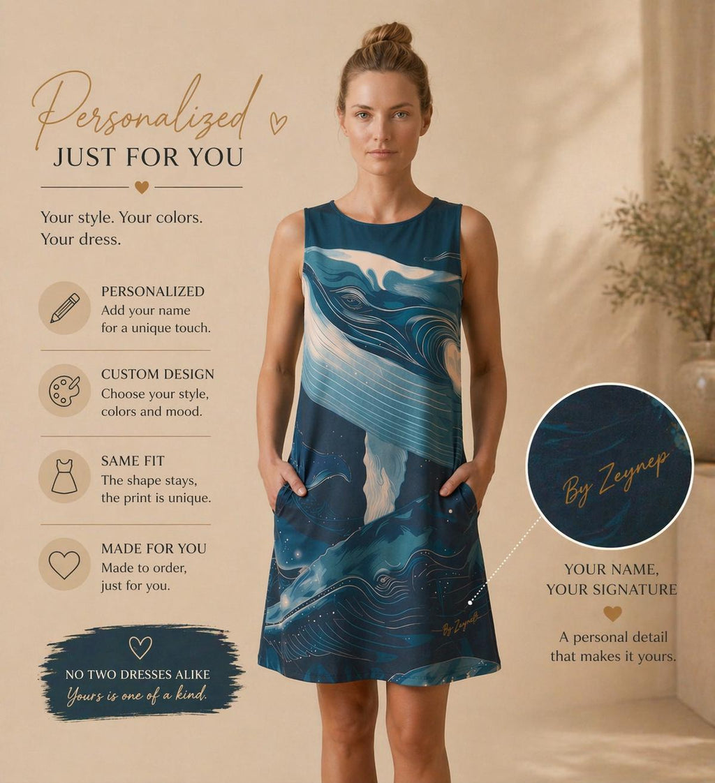 Personalized Whale A-Line Dress | Custom Name Coastal Vacation Dress