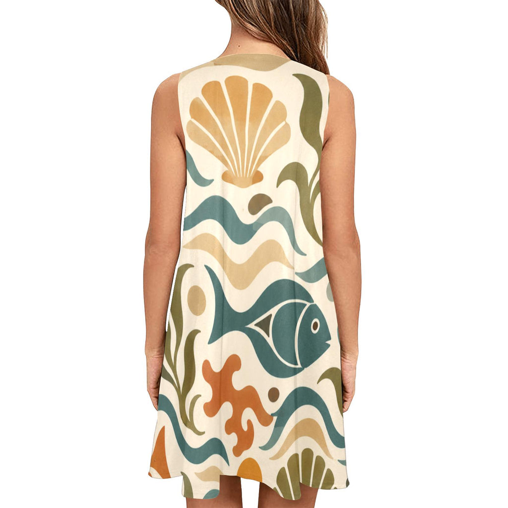 Mediterranean Fish A-Line Dress | Coastal Resort Pocket Dress