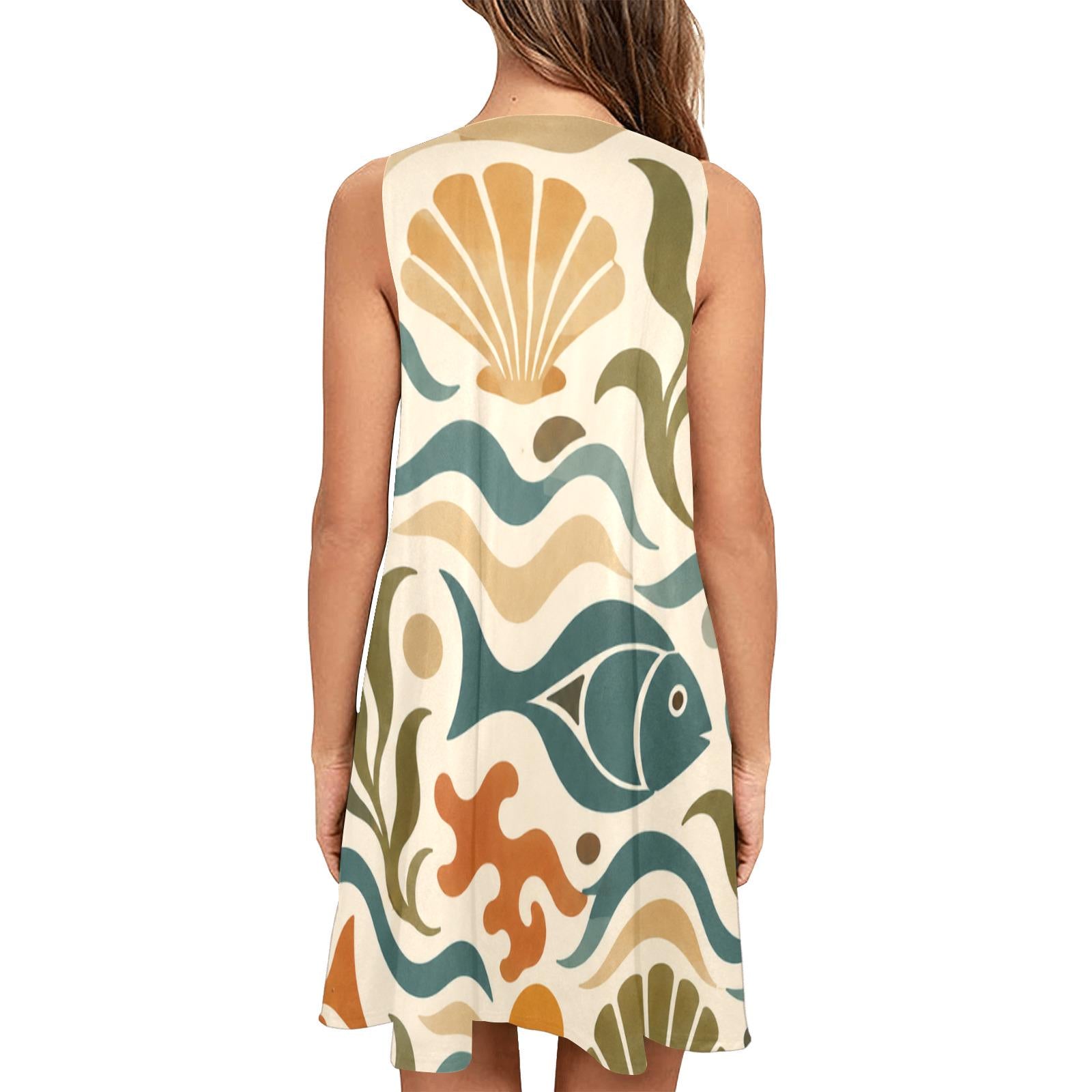 Mediterranean Fish A-Line Dress | Coastal Resort Pocket Dress