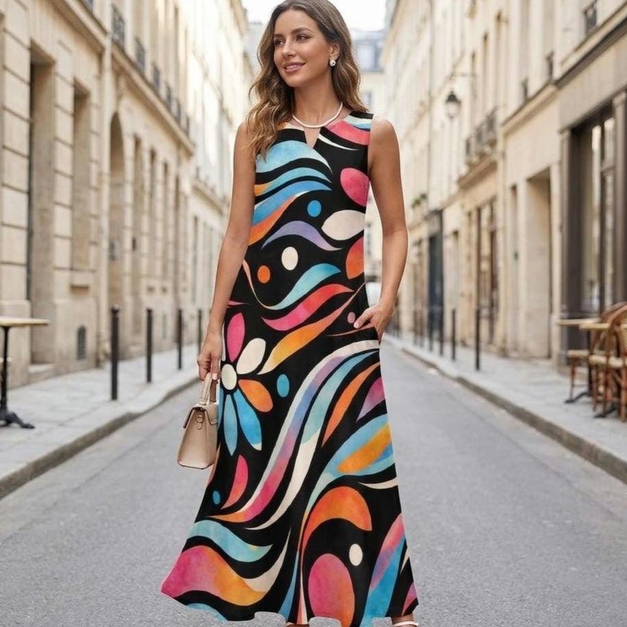 Colorful Artistic Maxi Dress with Pockets | Wearable Art Vacation Dress