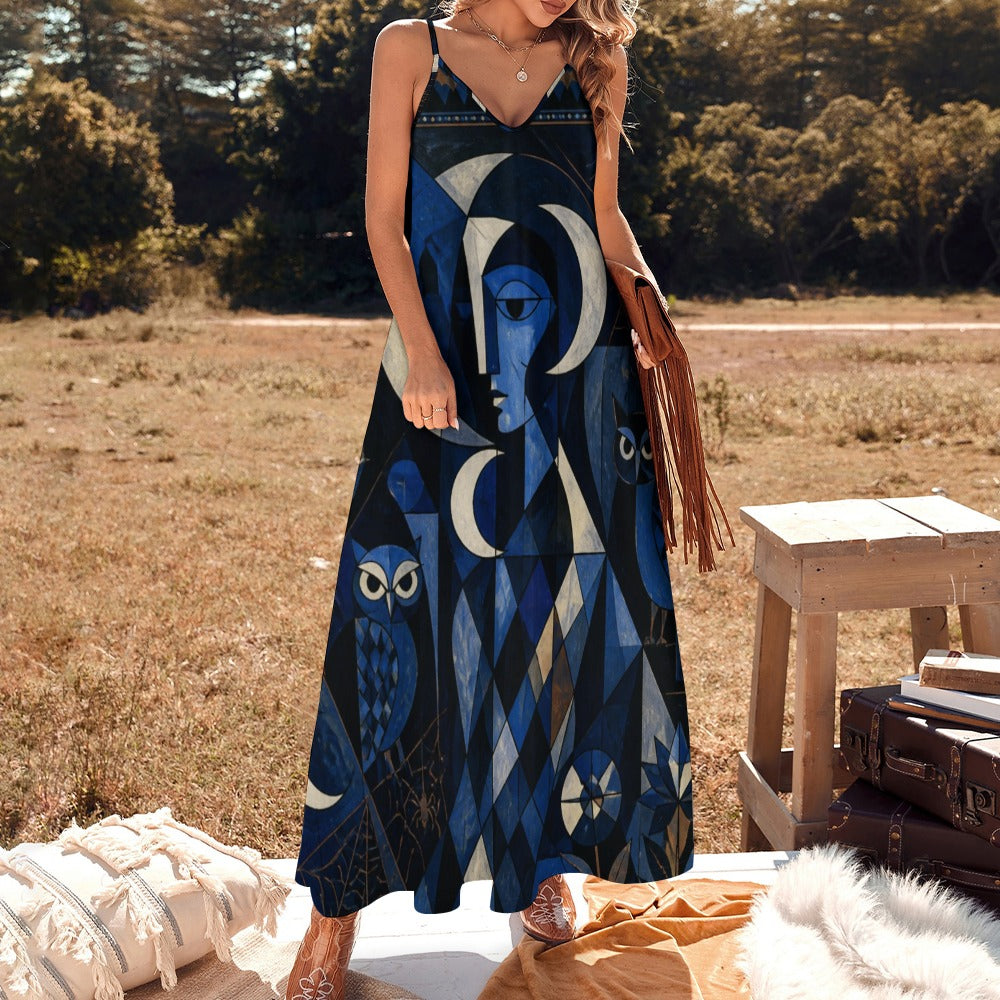 Celestial Art Slip Maxi Dress | Blue Spaghetti Strap Dress