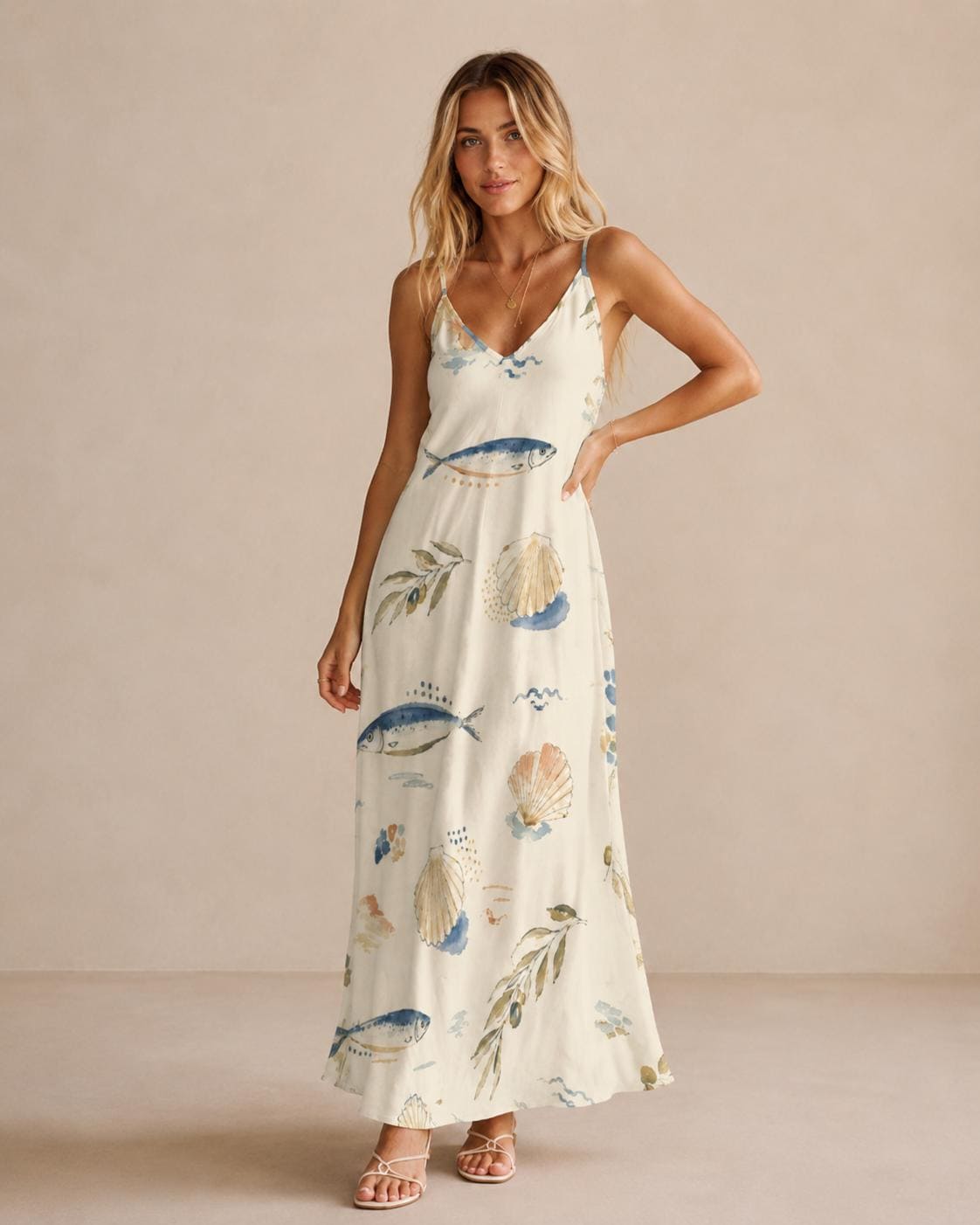 Mediterranean Fish Maxi Dress | Coastal Seashell Resort Sundress