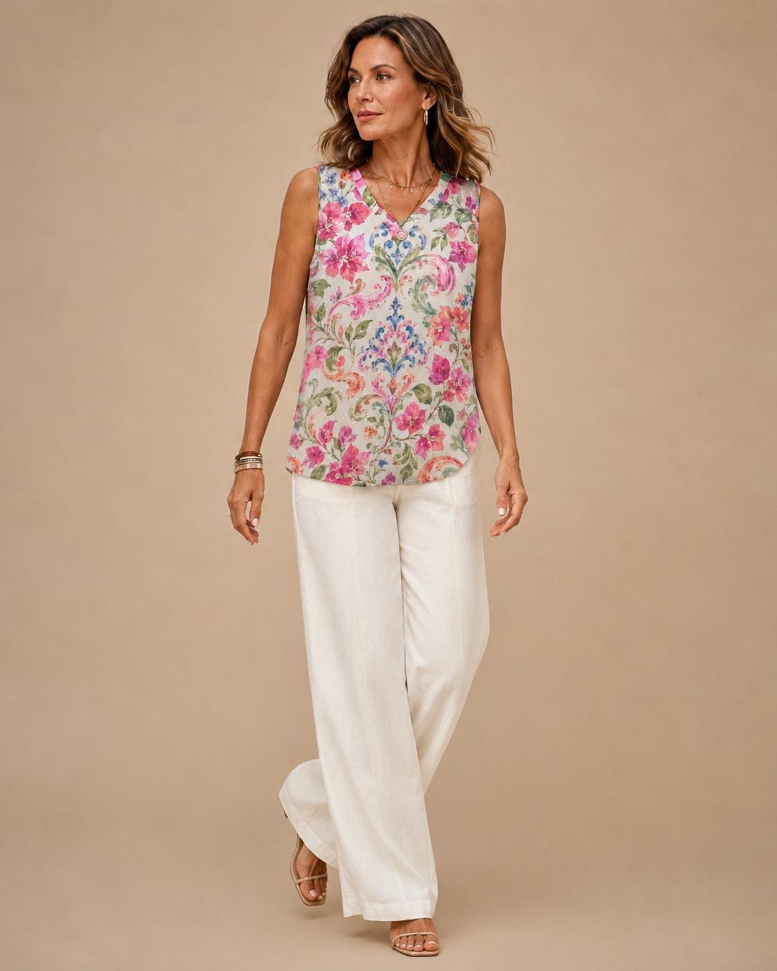 Romantic Floral V-Neck Top | Cottagecore Botanical Sleeveless Blouse