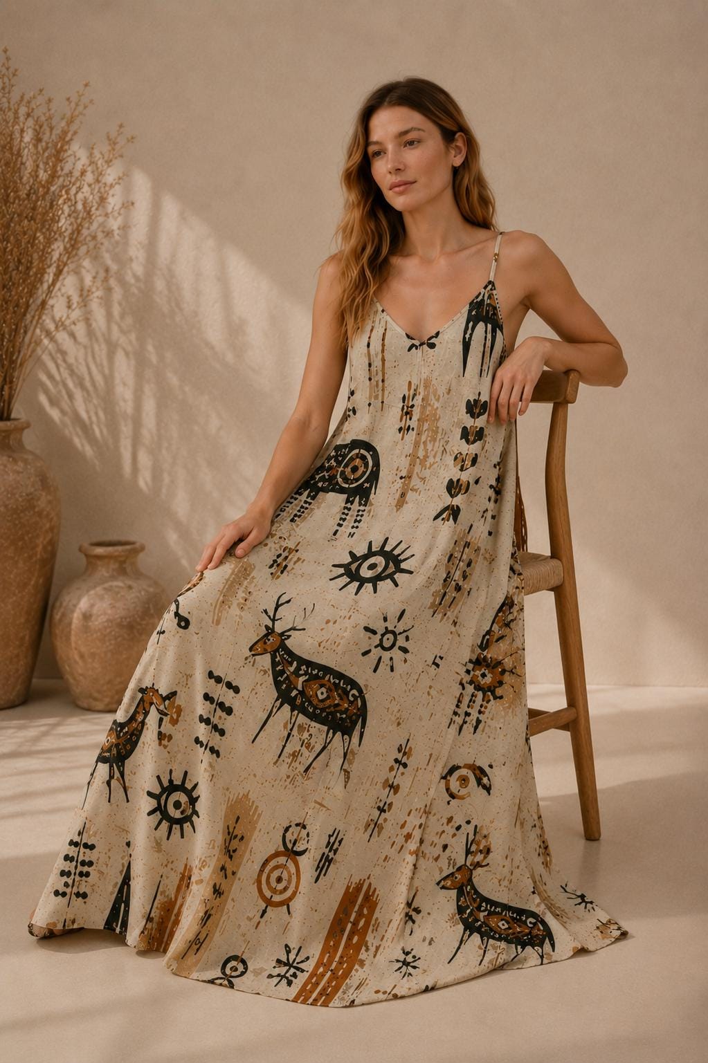 Tribal Art Maxi Dress | Earth Tone Boho Resort Sundress