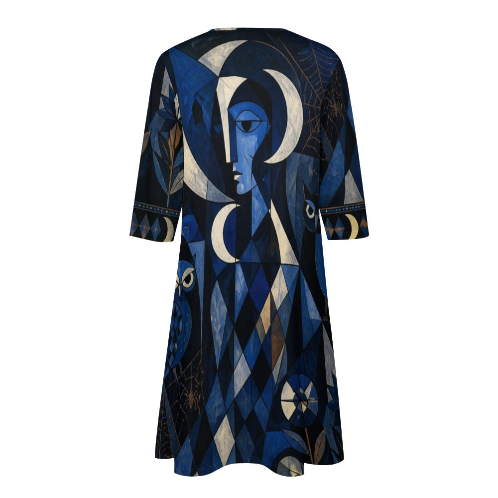 Celestial Moon 3/4 Sleeve Midi Dress | Blue Mystical Print
