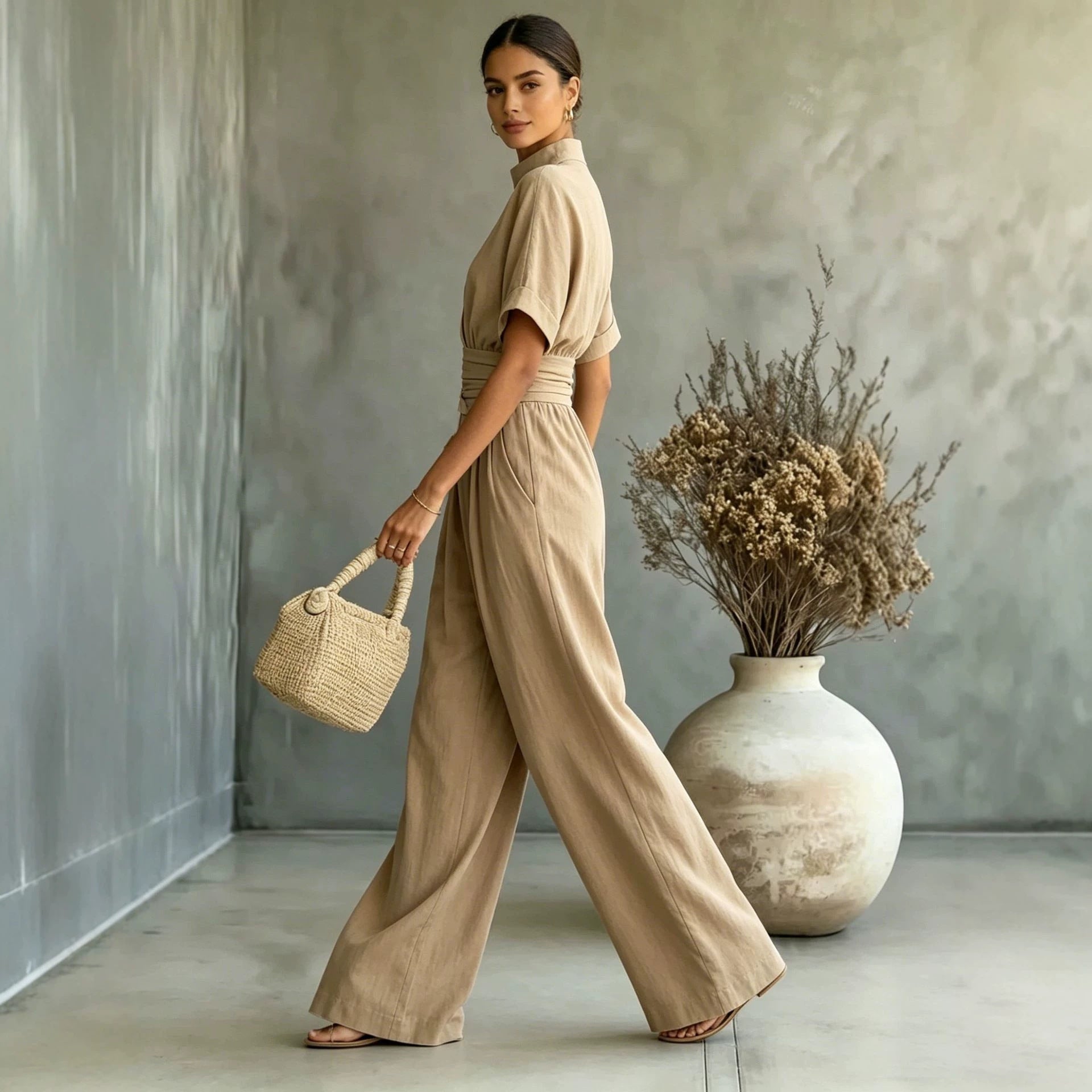 Sorrento High-Neck Wide-Leg Jumpsuit – Short-Sleeve One-Piece