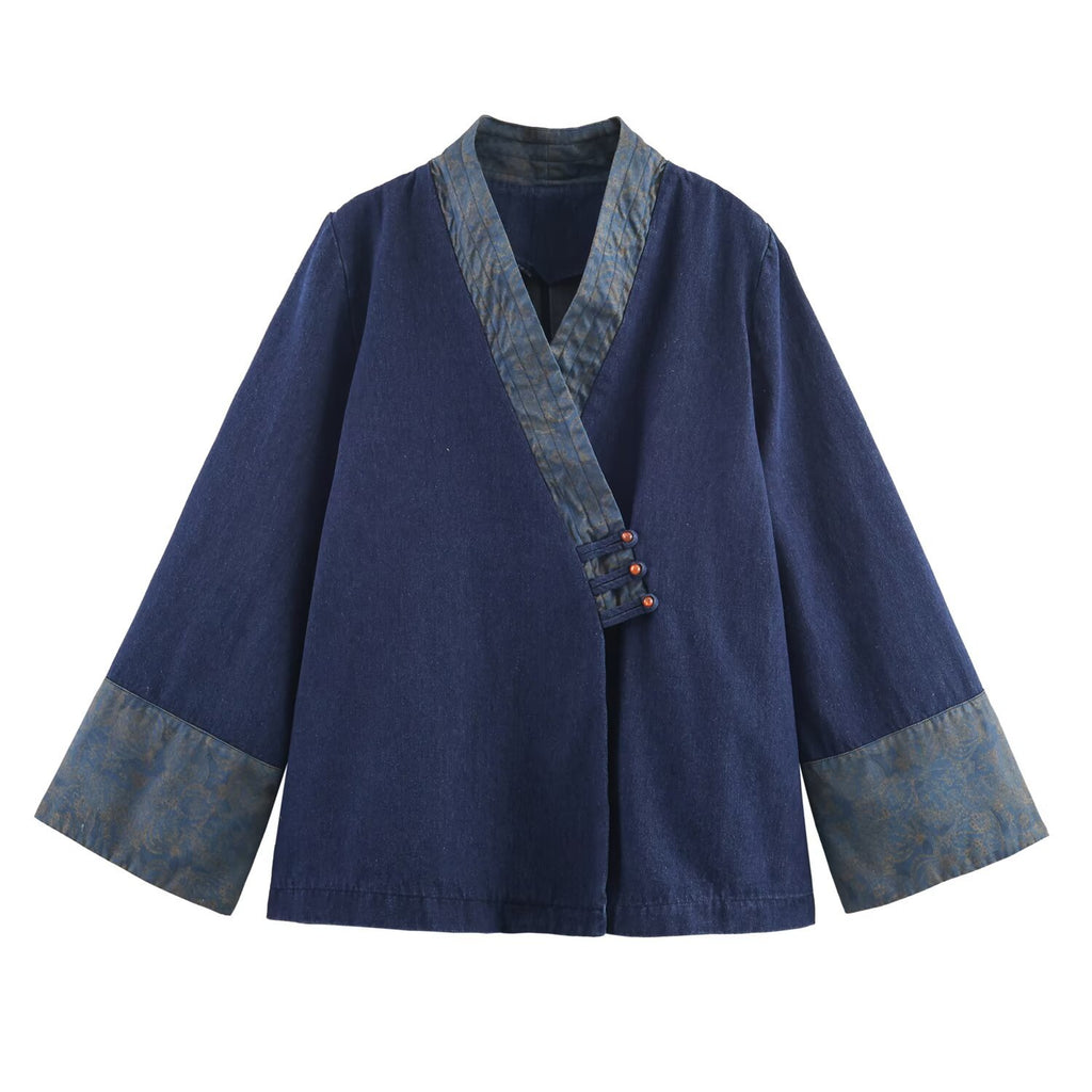 Denim-effect V-neck kimono-style jacket for women