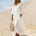 Deep V-Neck Three-Quarter Sleeve Maxi Dress