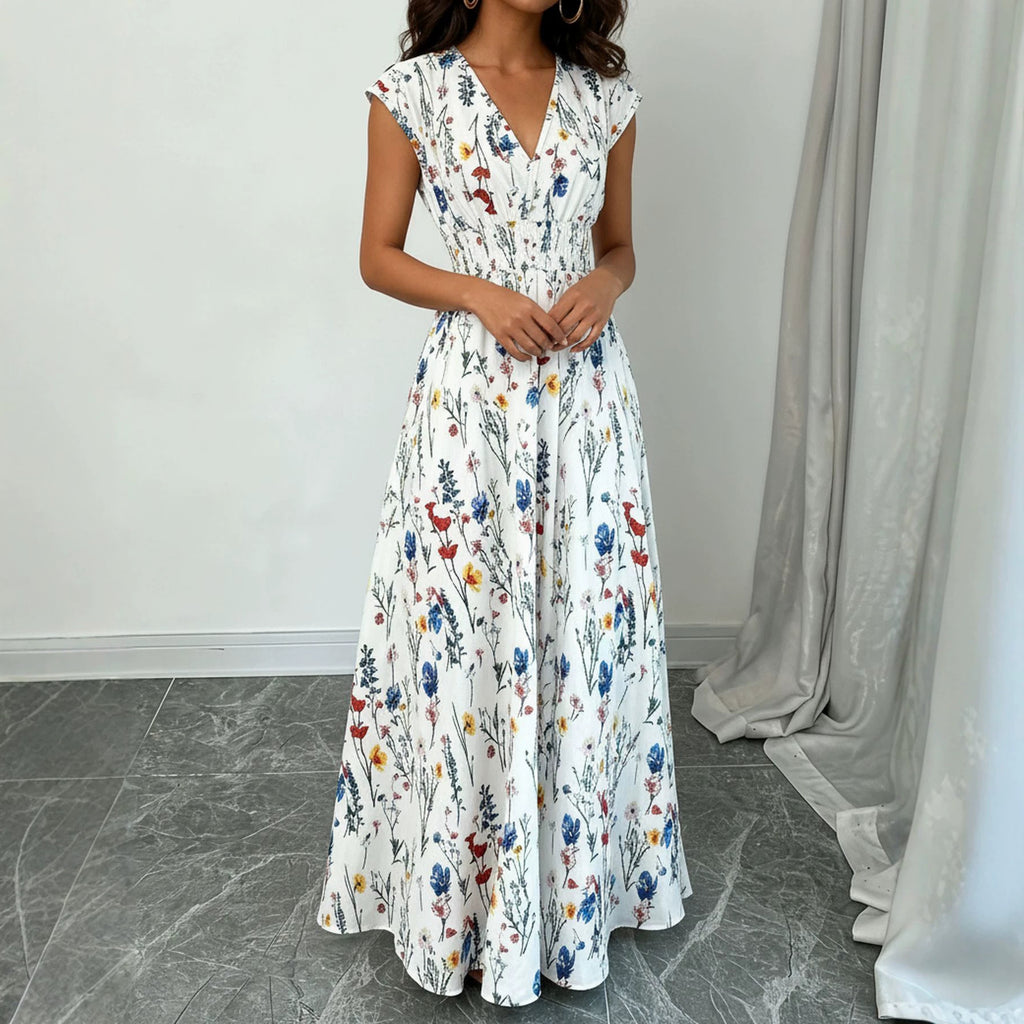 White Floral V-Neck Lace-Up Maxi Dress