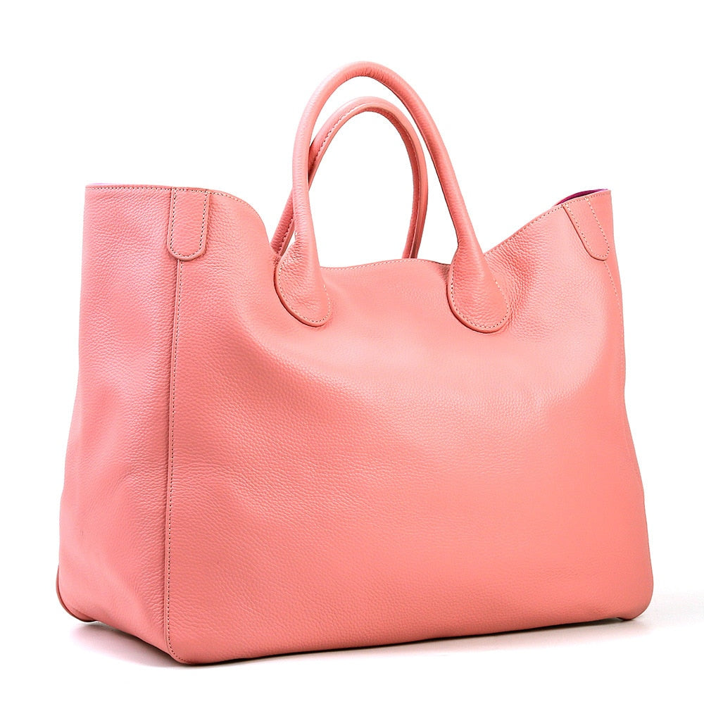Women's top-layer cowhide oversized tote bag in yellow, black or pink