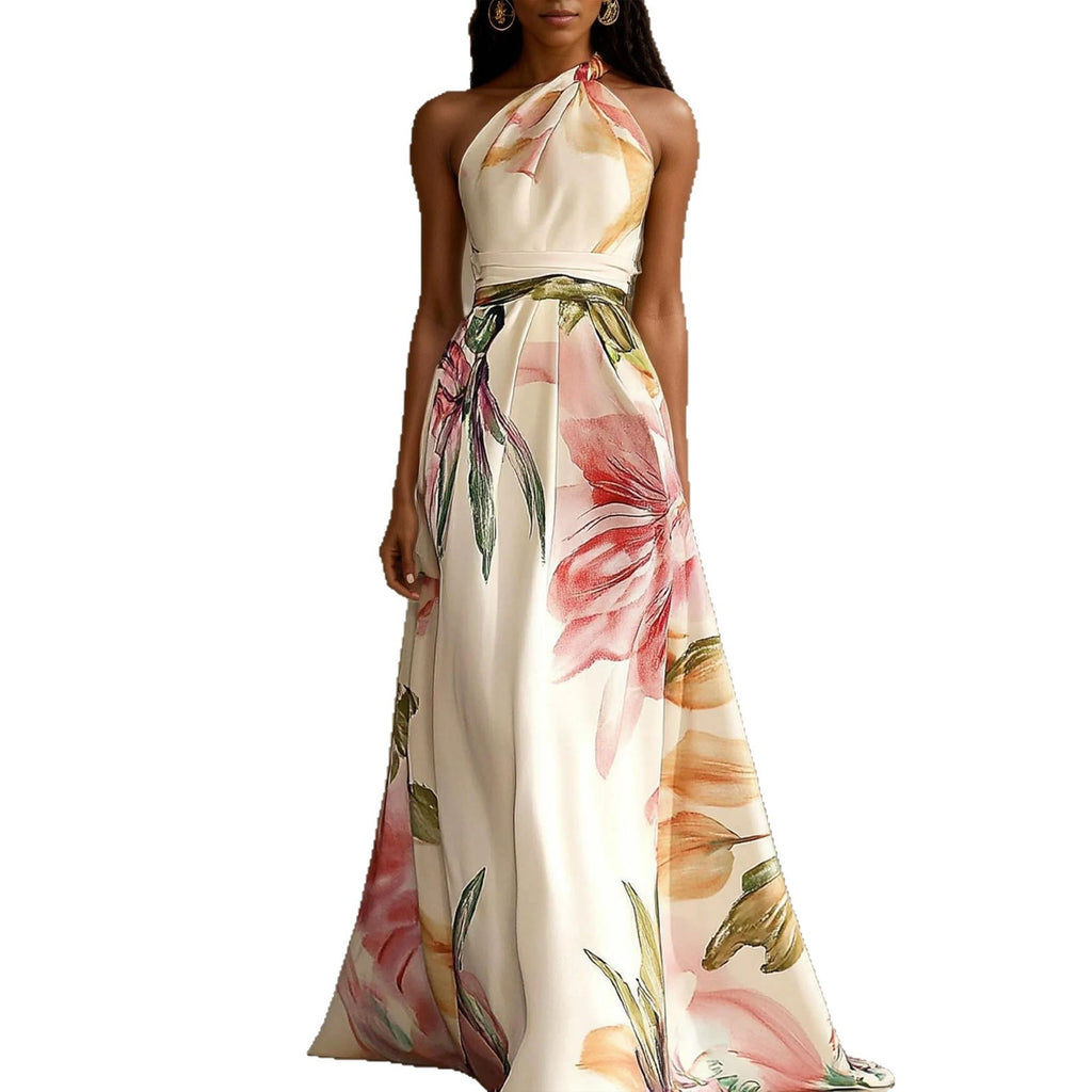 Apricot Asymmetric-Neck Sleeveless Maxi Dress
