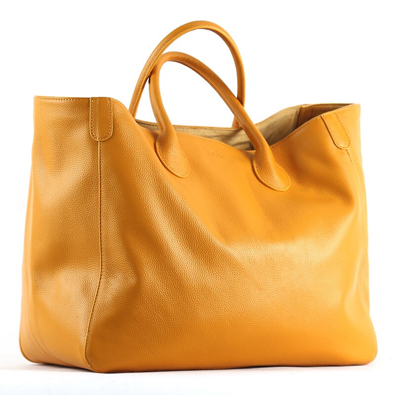Women's top-layer cowhide oversized tote bag in yellow, black or pink