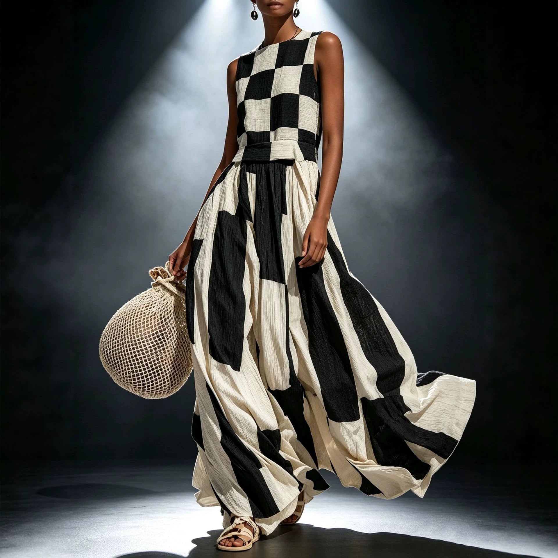 Black & Cream Geometric Maxi Dress, Sleeveless Checkerboard Resort Wear